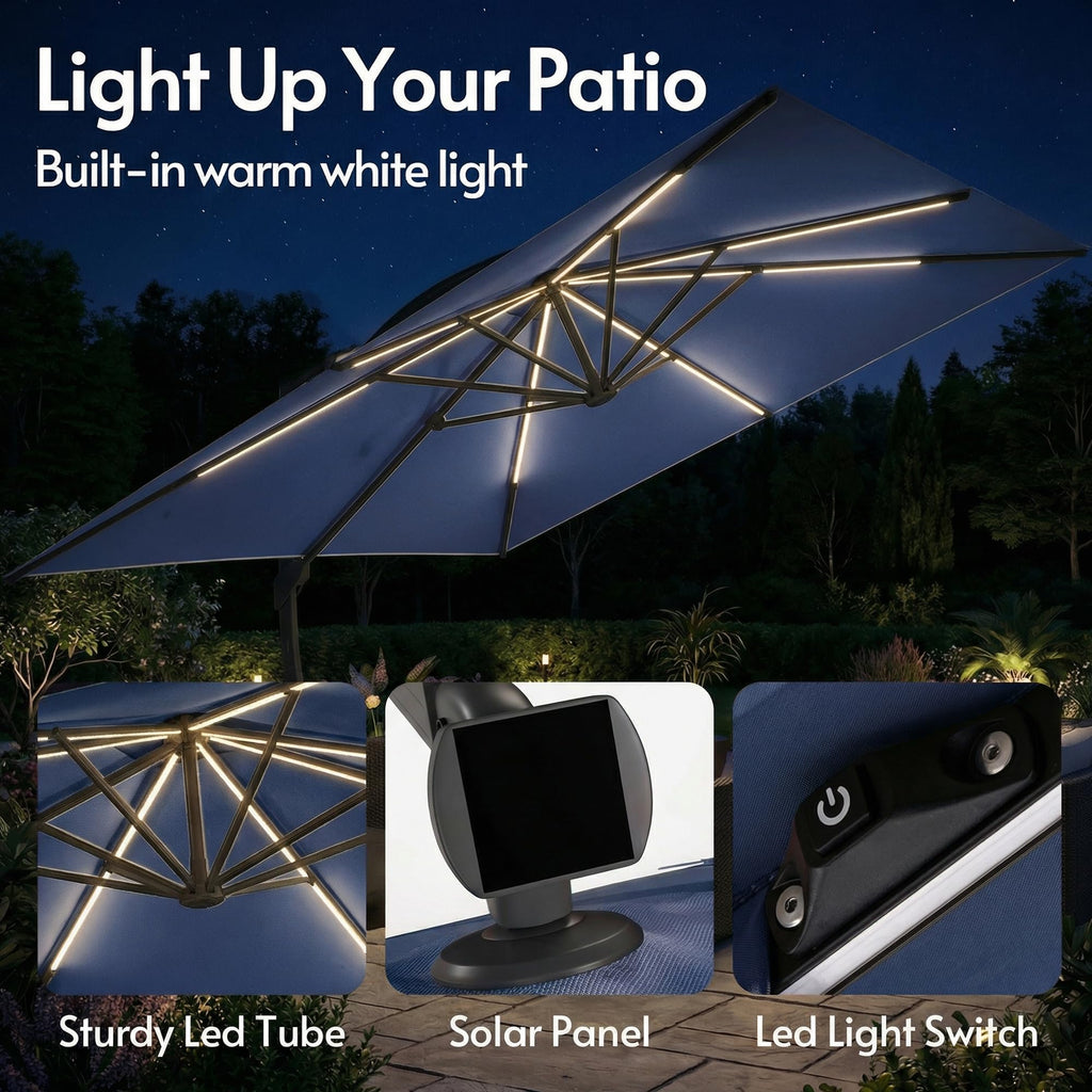 11x11ft Solar Powered Led Cantilever Umbrella with Base N2060