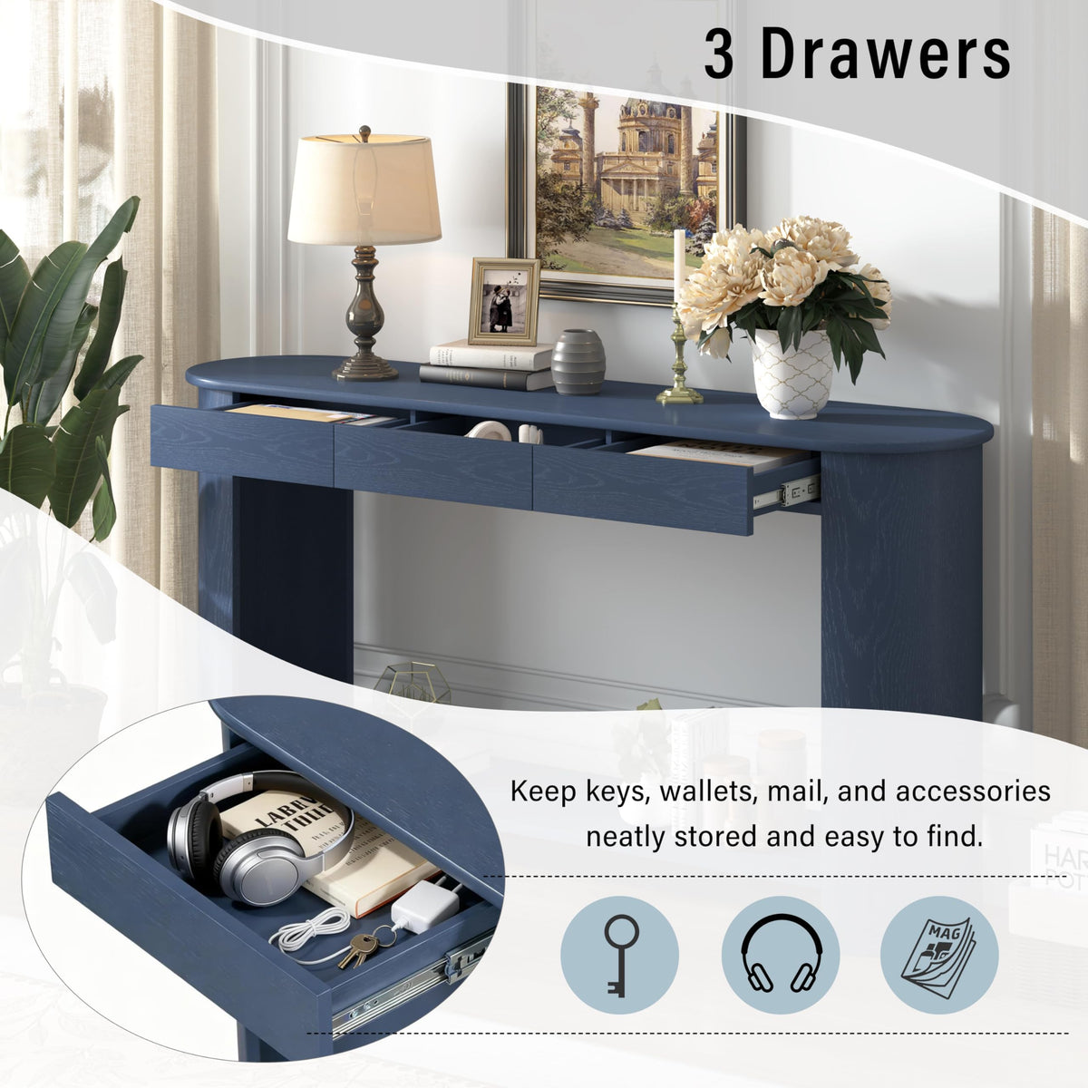 Curved Console Table with 3 Drawers and Bottom Shelf T331590