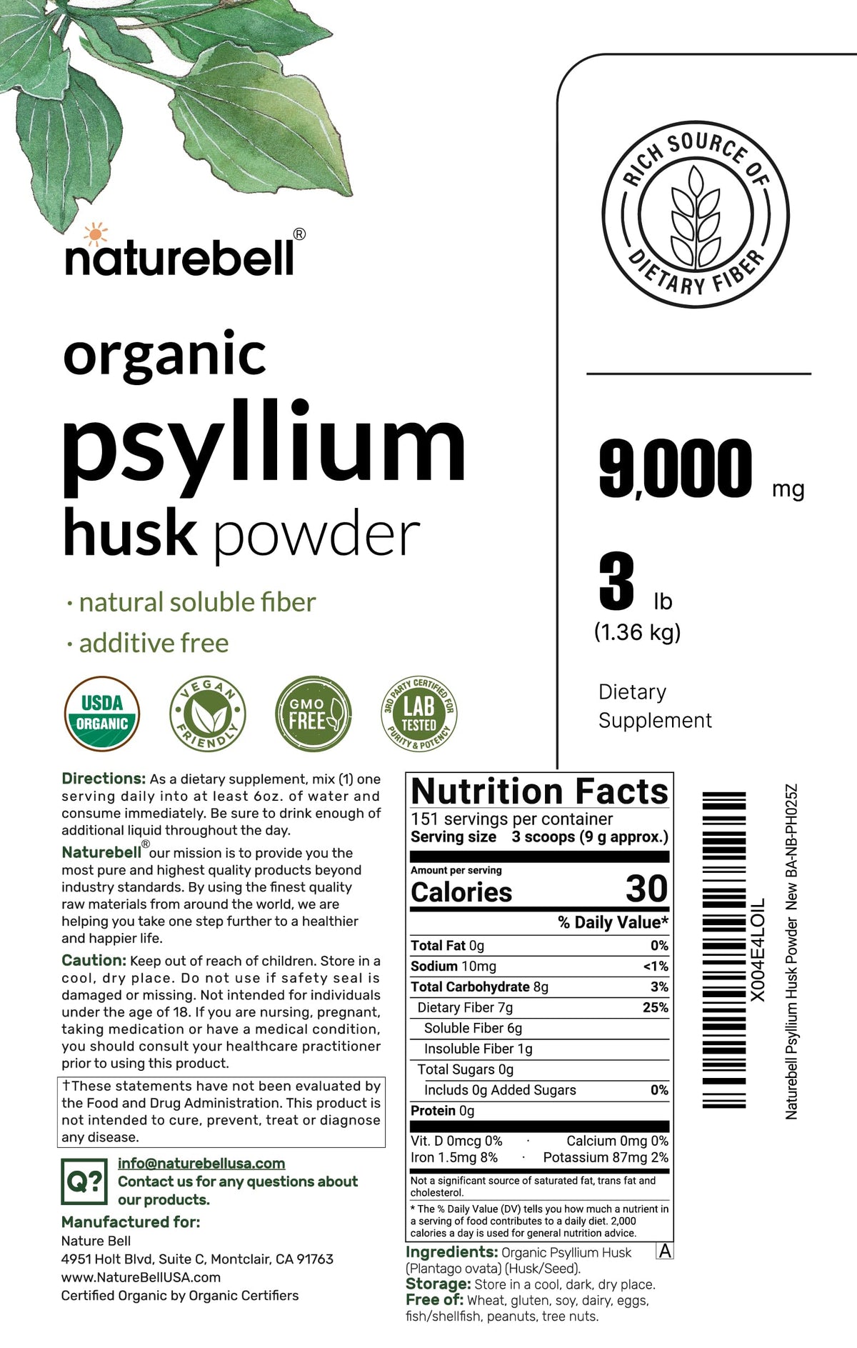 Organic Psyllium Husk Fiber Powder, 3lb, Unflavored Y493899