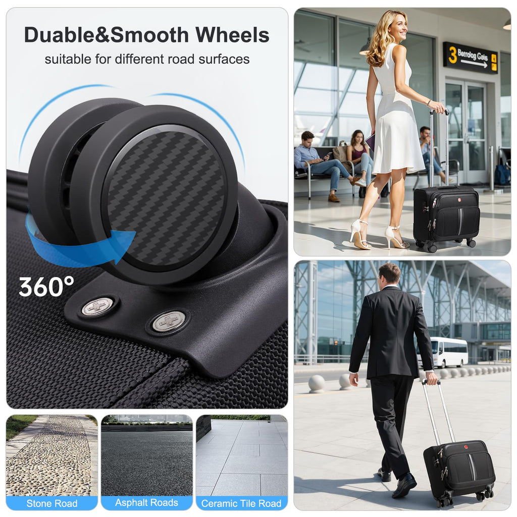 Black 16-Inch Underseat Carry-On Luggage with 4 Spinner Wheels K2637