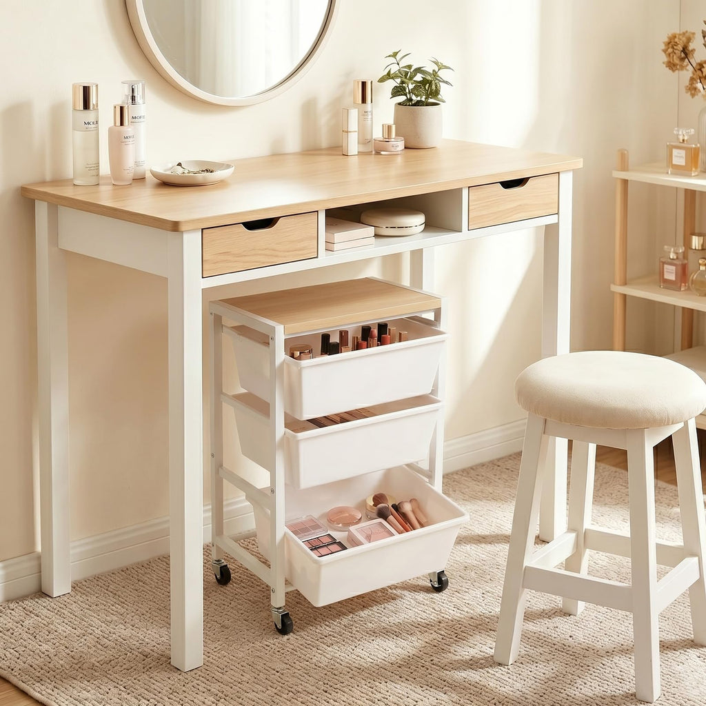 Rolling Cart with 3 Drawers, Lockable Wheels & Wooden Tabletop, Bright White L43672
