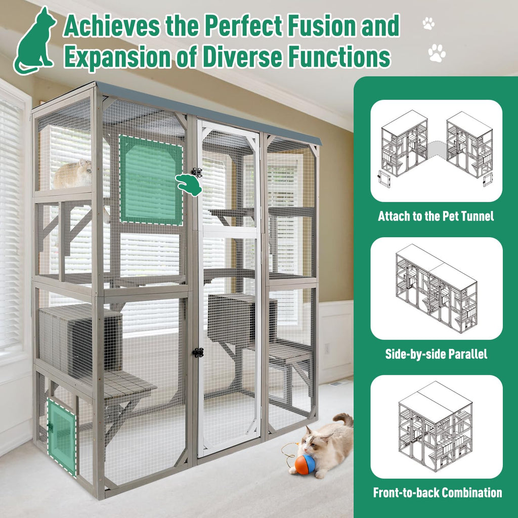 Large Wooden Outdoor Cat Catio Enclosure with 2 Doors, 2 Resting Rooms, 5 Platforms Q59976