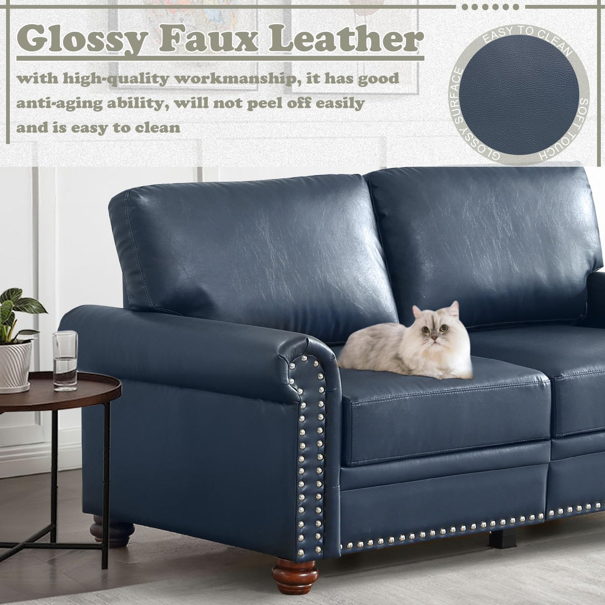Navy Blue PU Leather Storage Loveseat Sofa Y8676