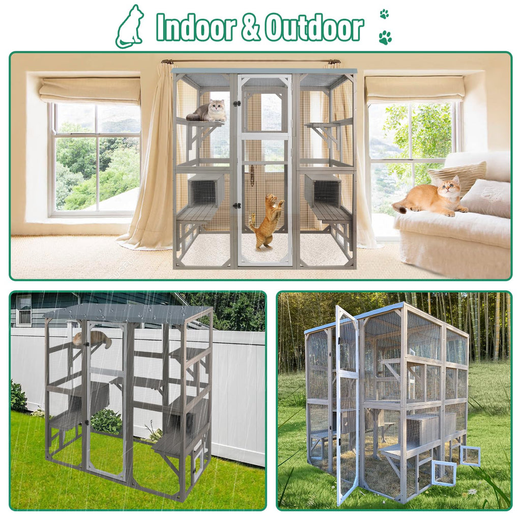 Large Wooden Outdoor Cat Catio Enclosure with 2 Doors, 2 Resting Rooms, 5 Platforms Q59976
