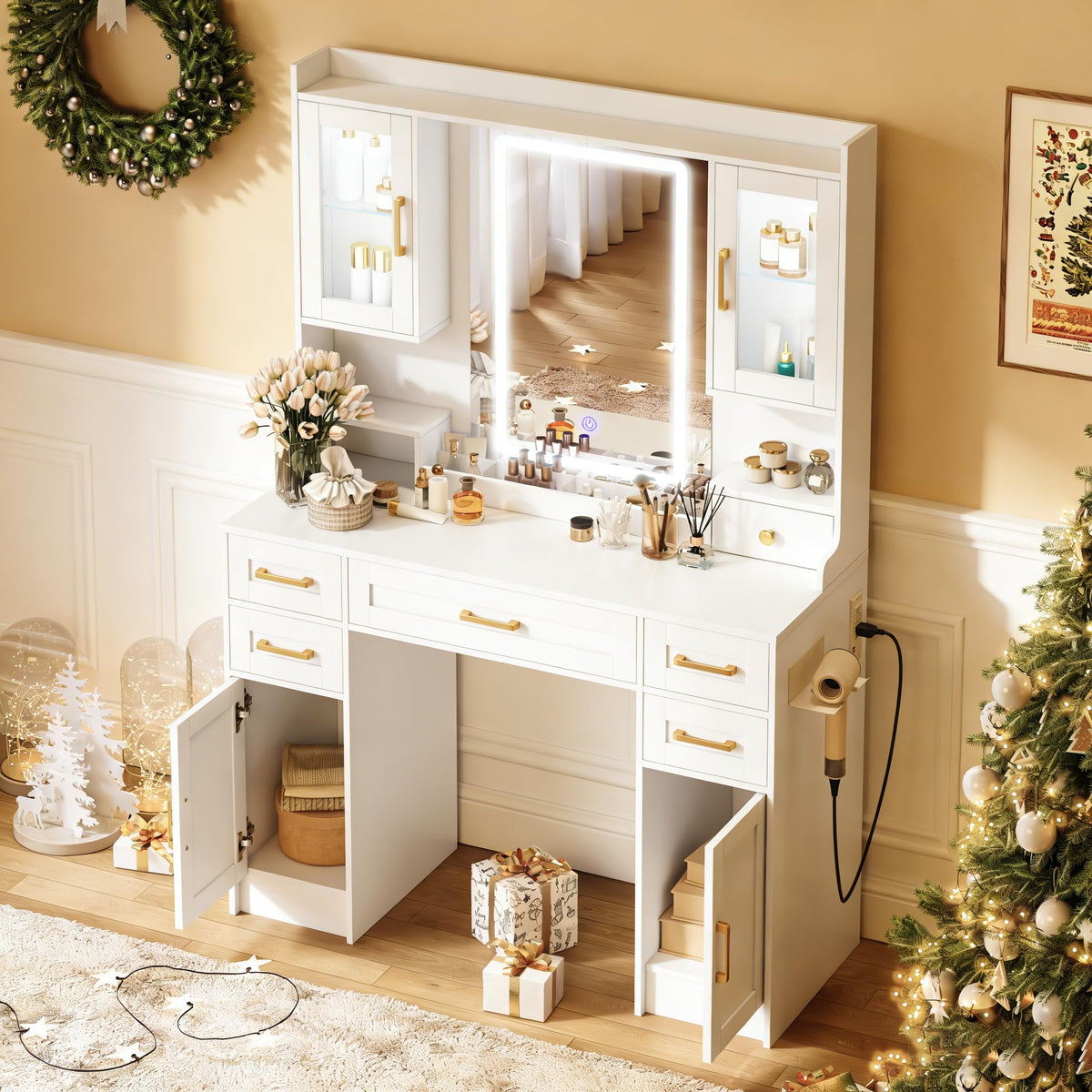 Vanity Desk with Mirror and LED Lights V854499