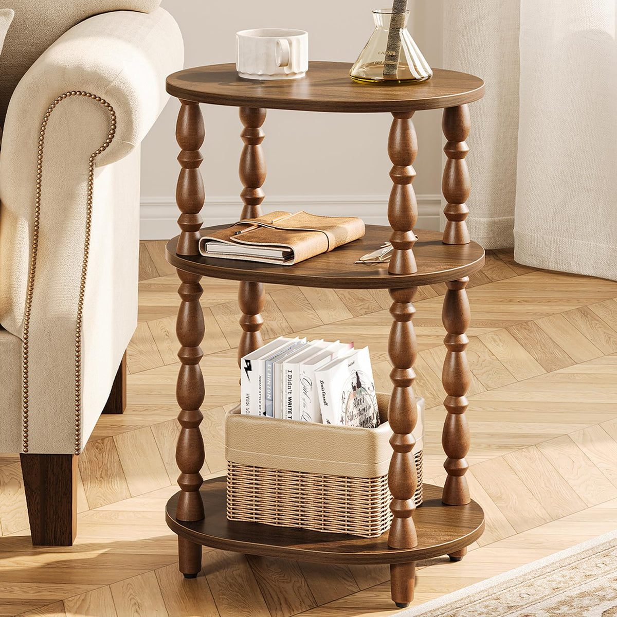 3-Tier Oval Wood Side Table with Storage Shelf J61747