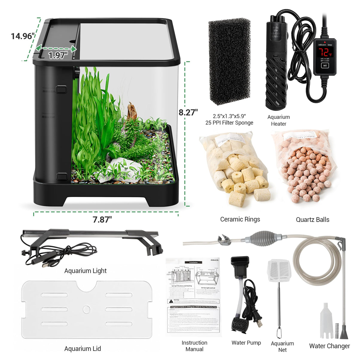 3.5 Gallon Acrylic Aquarium Starter Kit with Heater U3913