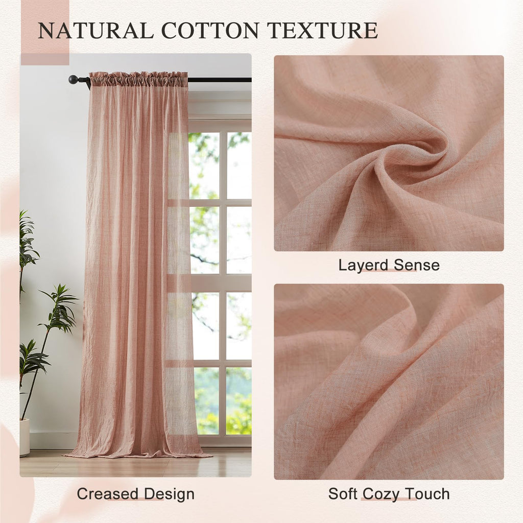 Blush Pink Sheer Cotton Linen Curtains 2 Panels W17432