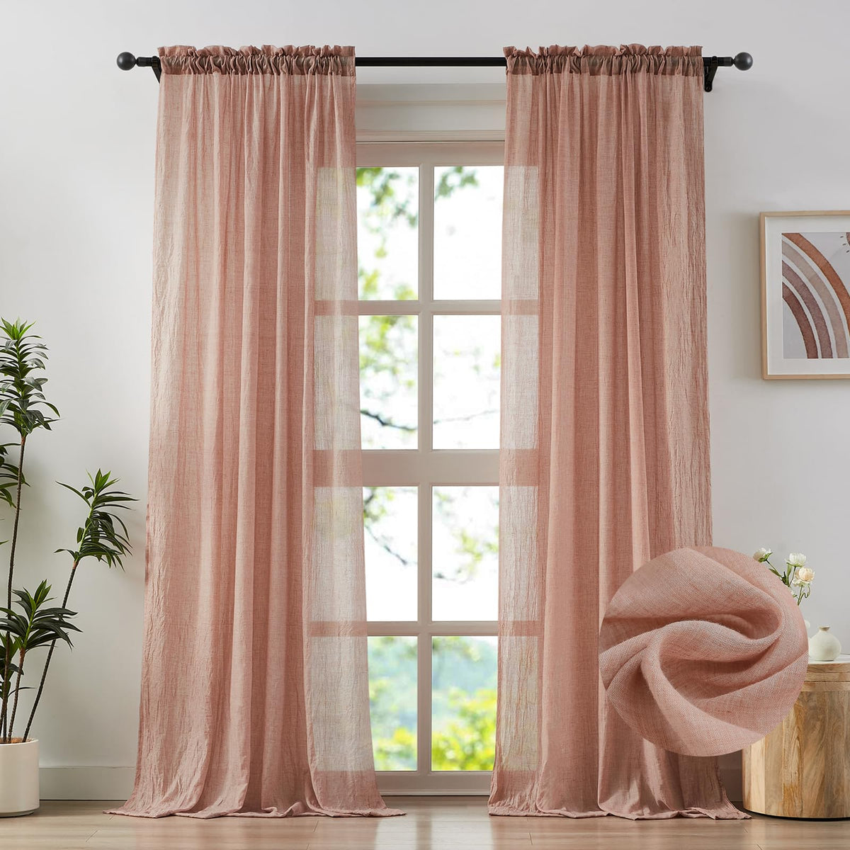 Blush Pink Sheer Cotton Linen Curtains 2 Panels W17432