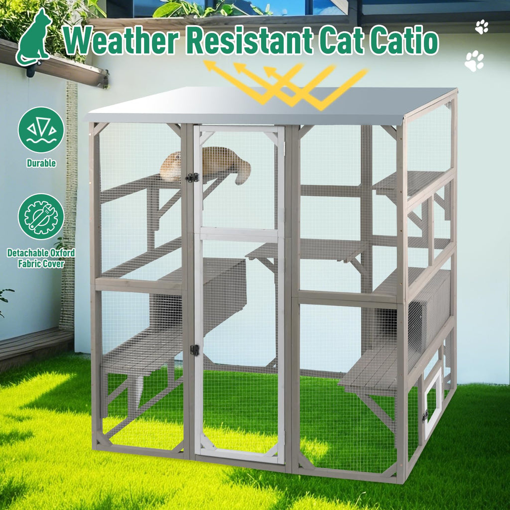 Large Wooden Outdoor Cat Catio Enclosure with 2 Doors, 2 Resting Rooms, 5 Platforms Q59976