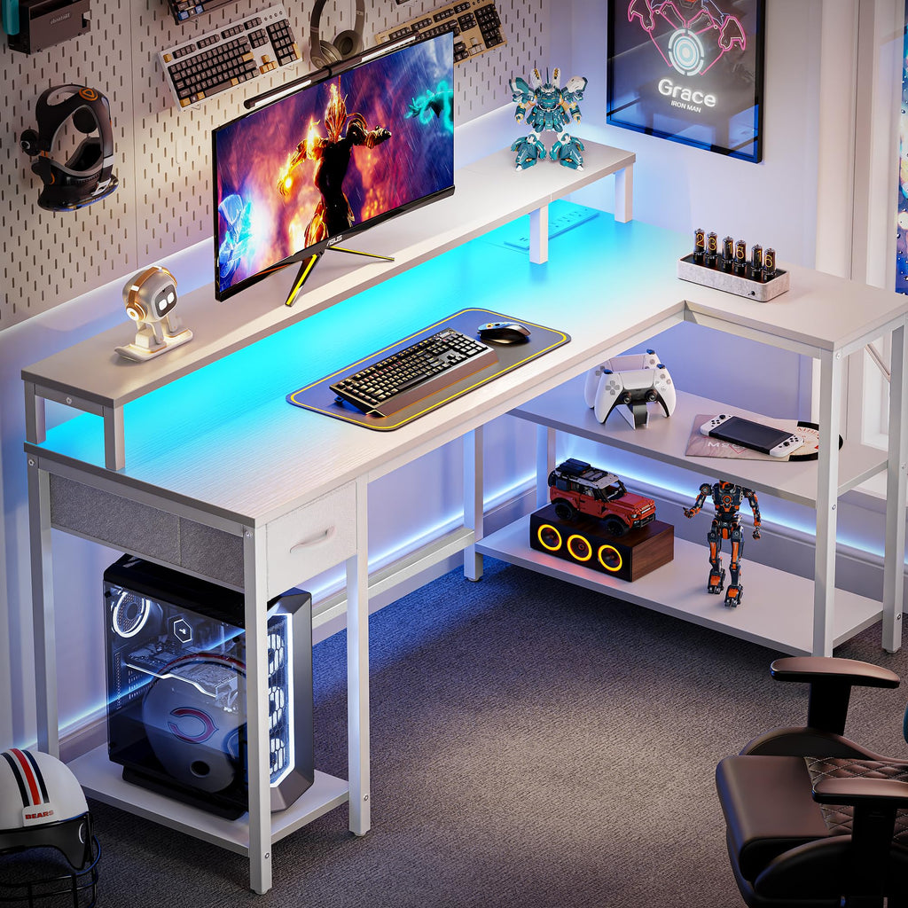 53 inch Reversible L Shaped Desk with LED Lights & Power Outlets V29990