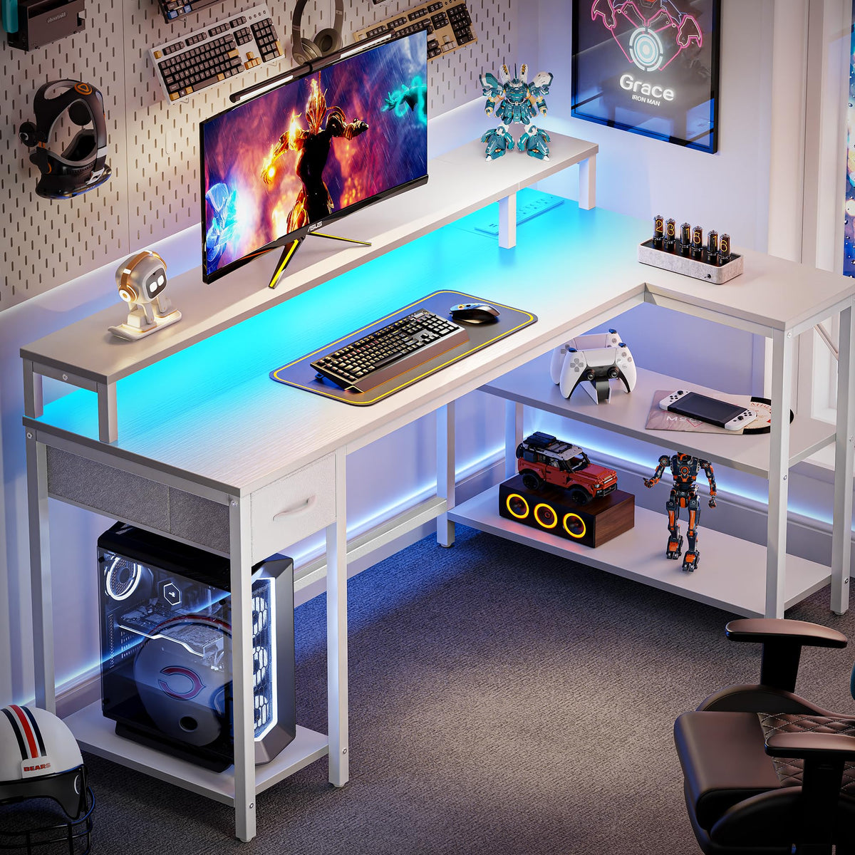 53 inch Reversible L Shaped Desk with LED Lights & Power Outlets V29990