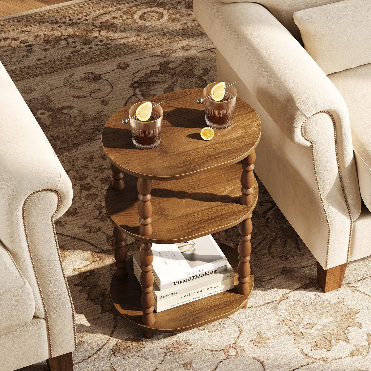 3-Tier Oval Wood Side Table with Storage Shelf J61747